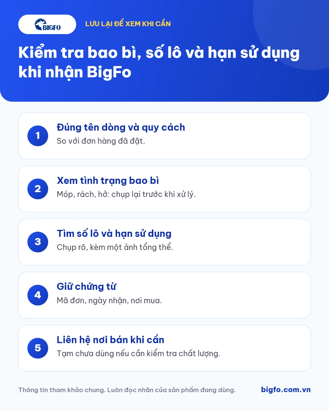 Tóm tắt: Kiểm tra bao bì, số lô và hạn sử dụng khi nhận BigFo